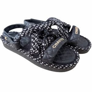 Chanel Black and White Cord and Quilted Lambskin Dad Sandals 40